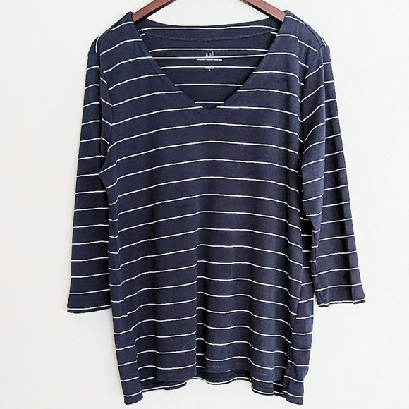 J. Jill Tops J Jill Navy White Striped V Neck Pima Cotton Knit Top